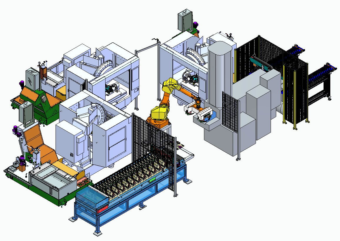 Feeding of machining centres and output via parts washer