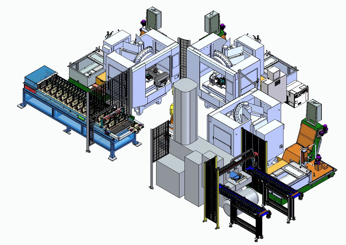 Feeding of machining centres and output via parts washer