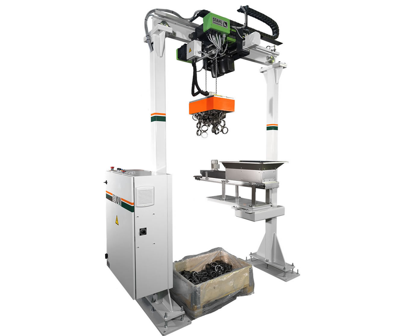 Magnetic dosing machines to transfer ferrous parts from cages to supply