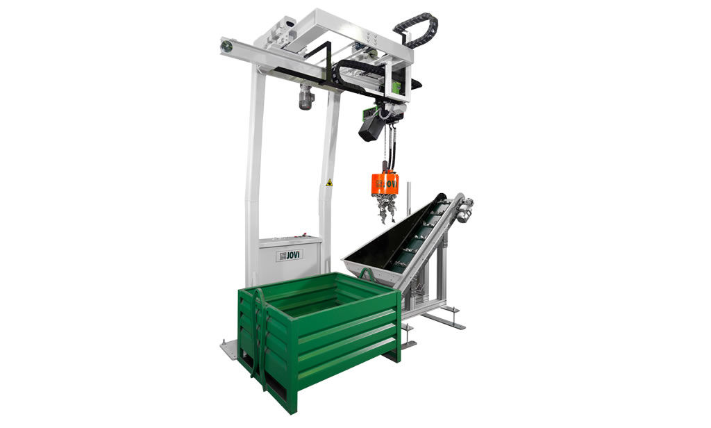 At Jovi Automatismos we manufacture bespoke front-loading pallet box tilters or side-loading pallet box tilter machines, from 500 to 3,000 kg 